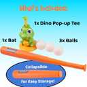 Pop-Up T-Ball Set, Green Dinosaur Tee with Bat and 3 Balls, Indoor Outdoor Baseball Training Toy for Kids Ages 3-8