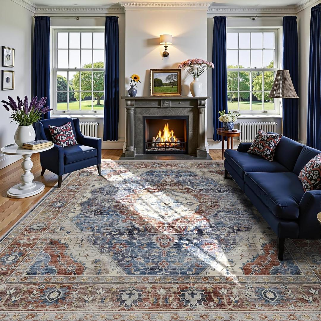 Deerly Rug 8x10 Area Rug Boho Washable Rug Large Rugs for Bedroom Living Room Vintage Non-Slip Oriental Distressed Carpet Indoor Stain Resistant(Border Brown/Navy Blue)