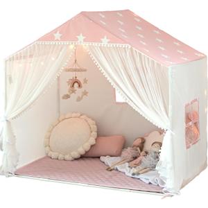 Kids Play Tent with Mat, Large Playhouse Tent with Pompoms Door Curtains, Children Play House for Girls Boys, Indoor Play Cottage (Pink)