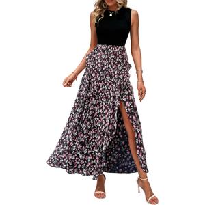 BTFBM Summer Dresses for Women 2026 Casual Spring Floral Sleeveless Ruffle Boho Cocktail Wedding Guest Party Midi Dress, L
