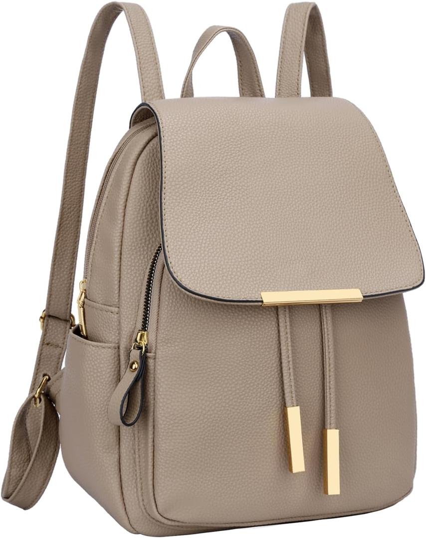 KKXIU Womens Stylish Leather Backpack Purse  Lightweight Travel Backpack with Multiple Pockets, Lychee Grain PU Leather, Gold Hardware (A-Khaki, 10x12x4.5 Inches)