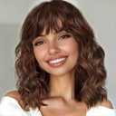 XIXIBI Brown Highlights Wigs with Bangs 14 inch Short Wigs for Women Bob Curly Wavy Hair Shoulder Length Synthetic Wig Natural Wigs for Cosplay Daily Use