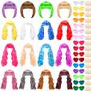 48 Pcs Colored Wig Set,16 Pcs Wigs and Cap Set with Heart Shape Sunglasses,Long Curly Wigs,Short Bob Hair Wig for Bachelorette Neon Party Favors