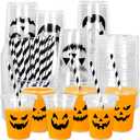 Whaline 60Pcs Halloween Disposable Plastic Cups with Lids and Straws 12oz Jack-O-Lantern Pumpkin Cold Beverage Drinking Cups Scary Printed Party Cup for Trick or Treat Party Supplies