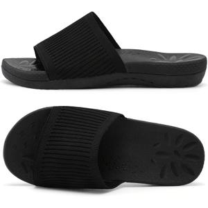 XIHALOOK Womens Knit Slides Ladies Yoga Mat Sandals Slip On Thick Cushion Slippers with Arch Support Casual Outdoor Indoor Walking Shoes Black, Size 10.5