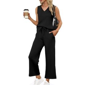XIEERDUO Two Piece Sets for Women Summer Vacation Travel Outfits V Neck Lounge Matching Sets (Black, XS)