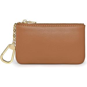 Premium Genuine Full Grain Leather Mini Coin Purse Keychain Pouch Card Holder for Men Women (Light Brown)