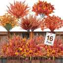 TURNMEON 16 Bundles 5 Styles Artificial Fall Flowers for Outdoors Fall Decor, Fake Mums Fall Plants UV Resistant No Fade Boston Fern Orange Daisy Maples Leaf Picks Autumn Thanksgiving Outside Home