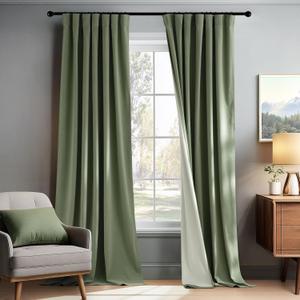 PONY DANCE 100% Blackout Cutains 90 inch Length 2 Panels Set, Sage Green Velvet Thermal Insulated Window Drapes for Bedroom, Soft Luxury Black Out Back Tab Curtains for Living Room, W52 x L90