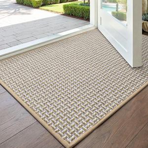 DEXI Ultra Thin Door Mat Indoor Entrance 17x30, Non Slip Rubber Backed Entryway Mats Dirt Trapper, Low Profile Front Doormat for Inside Entry, Patio, Porch, Beige and White