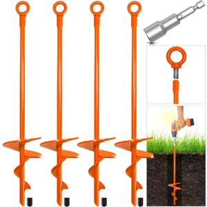 15" Upgraded Earth Ground Anchor, 4 Pack Spiral Earth Anchors for Trampoline, Shed Anchor Swing Set for High Winds, Heavy Duty Earth Anchors for Tents, Canopies, Adapter Included