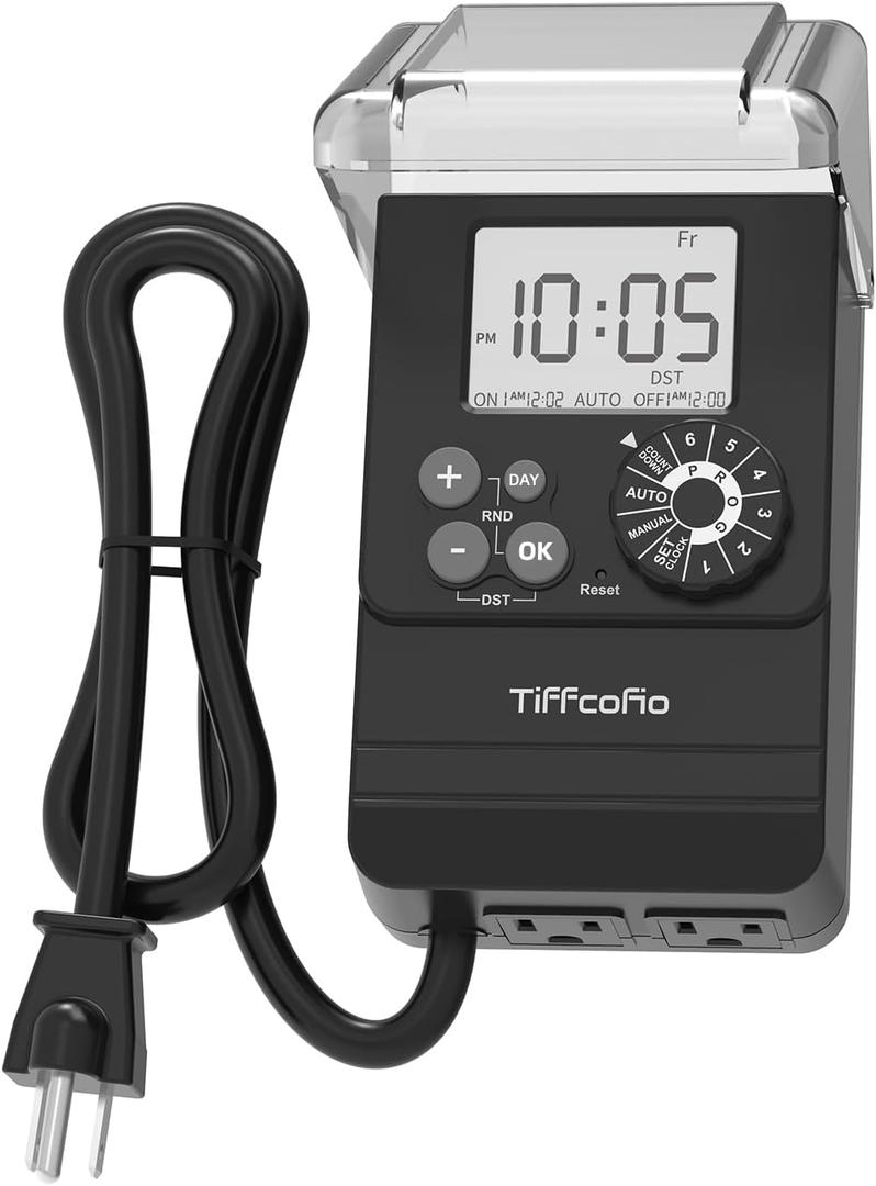 TiFFCOFiO New Digital Outdoor Timer Waterproof, Dial Programmable Method, Outdoor Light Timer with 2FT Extension Cord, 2 Grounded Electrical Outlets for Lights, 6 Sets of Programs, 20A/2500W (Digital, 1 PACK)