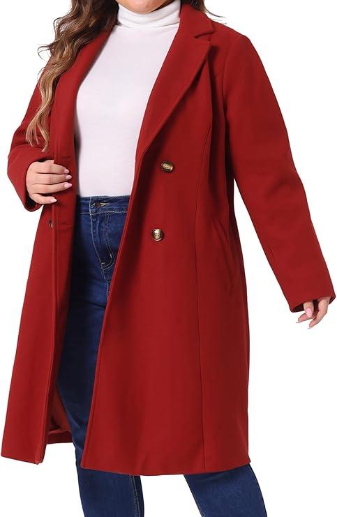 Agnes Orinda Plus Size Long Coats for Women Notched Lapel Winter Warm Double Breasted Coat (2X, Dark Red)