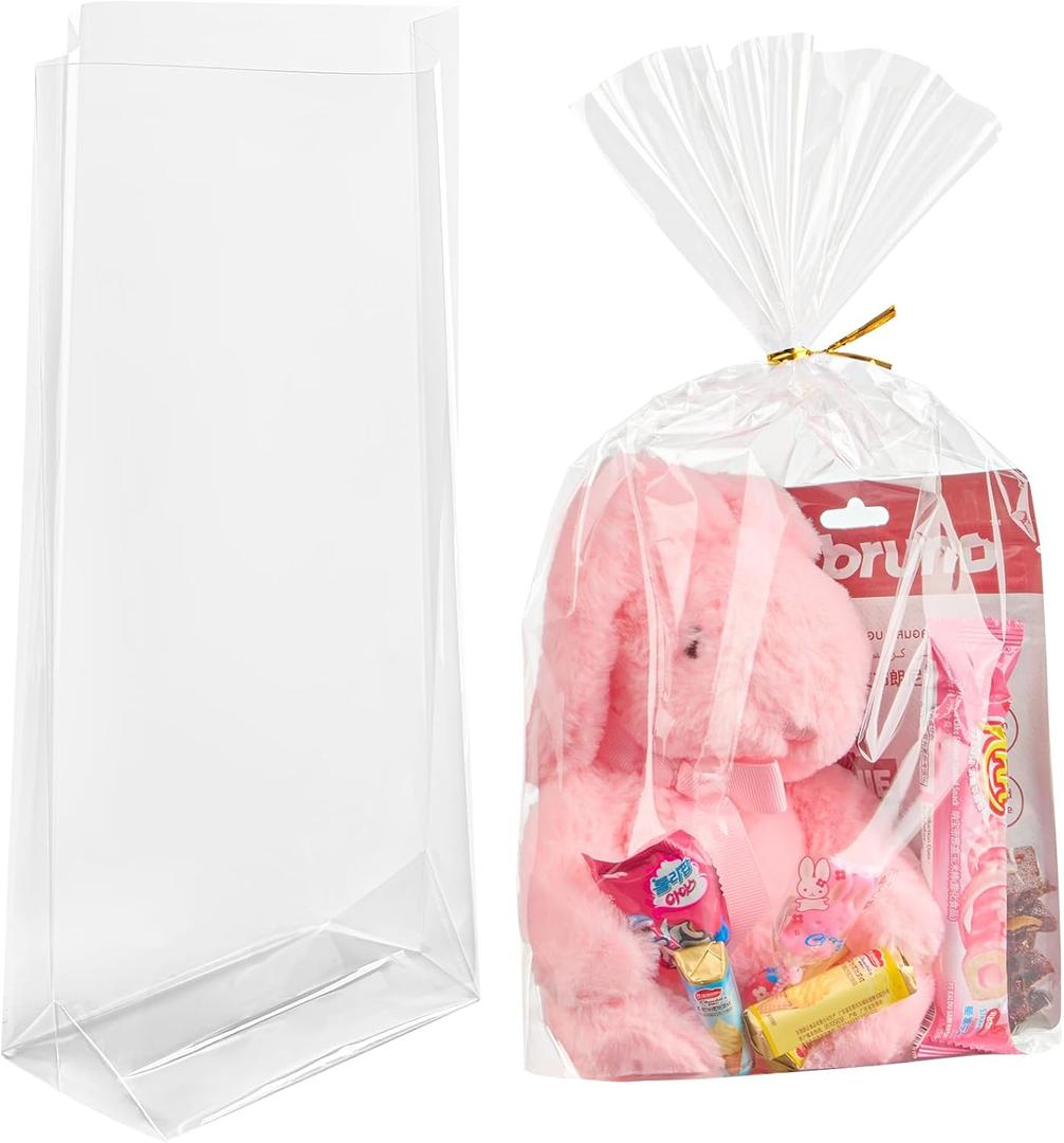10x14x3.3 Inch Flat Bottom Gusset Treat Bags, 50 Pcs Clear Cellophane Gift Bags with 50 Twist Ties Goodie Bags for Easter Party Favor Cookie, Popcorn, Gift