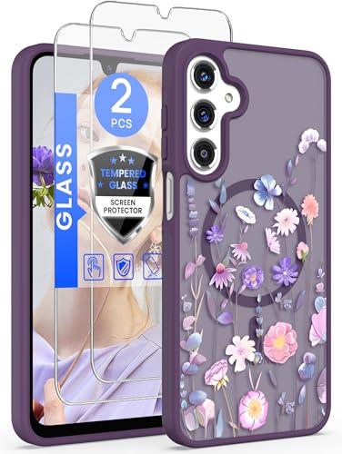 Yucenx for Samsung Galaxy A16 5G Floral Phone Case with 2X Screen Protector, Military Grade Magnetic Translucent Matte Girls Women Flower Pattern Protective Cover for A16 5G (Deep Purple)