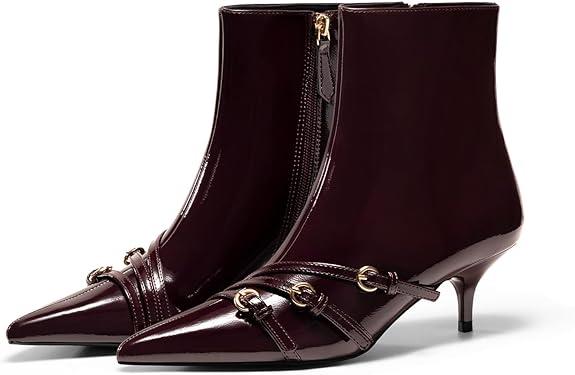 Coutgo Womens Buckle Strap Ankle Booties Kitten Low Heel Pointed Toe Y2K Boots Side Zipper Fall Shoes, Size 7, Burgundy