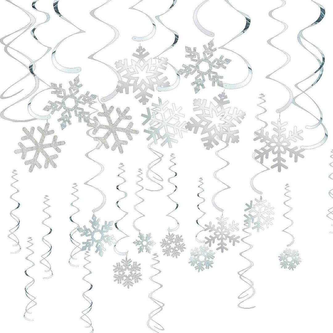 Sustainable Greetings Juvale Christmas Snowflake Swirl Decorations for Holiday Party Decor (Silver, 30 Pack) - Hanging Snowflake Decorations - Silver Party