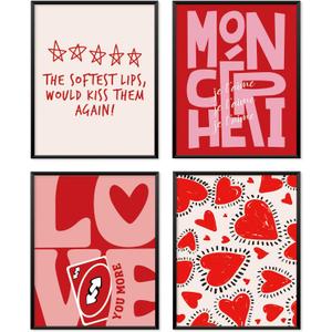Locomiss Coquette Pink Valentine's Day Wall Art Prints, Trendy Red Pink Love Heart Art Posters, Sweet Love You More Wall Decor Posters For Home Living Room Bedroom, Set of 4 (8x10 Unframed)