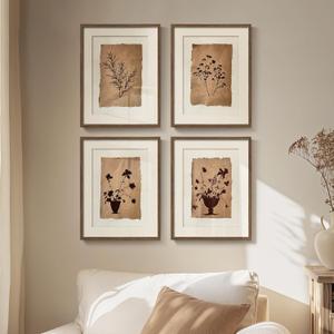 4 x Framed Vintage Botanical Wall Art for Wall Decor, 4 Piece Brown Floral Farmhouse Bathroom Picture Prints, Rustic Farmhouse Botanical Artwork for Living Room Bedroom Bathroom Fireplace Walls, 11x14 In