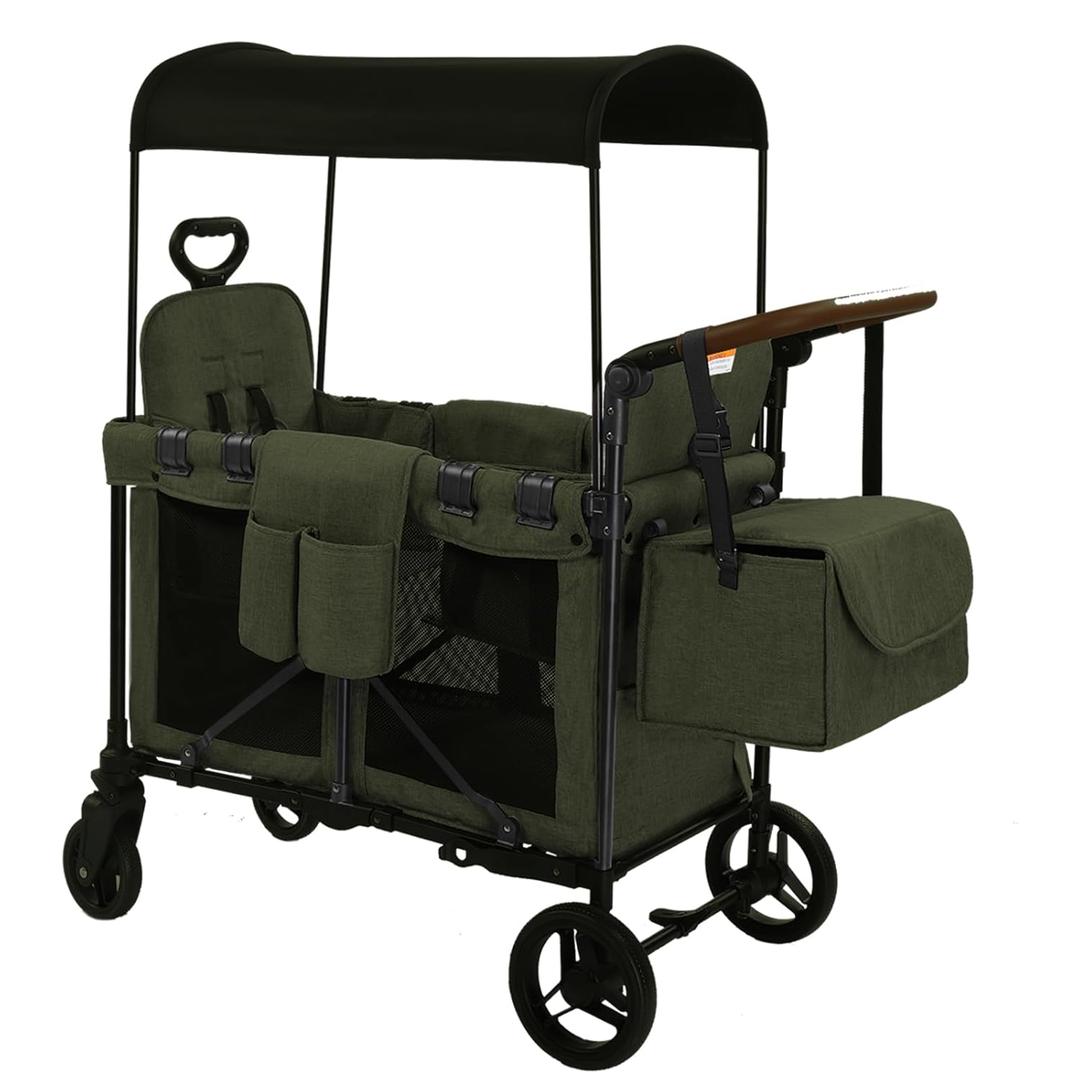 Wagon Stroller for 2 Kids, Foldable All-Terrain Wagon for Kids with Canopy, Adjustable Push and Pull Handles,Convertible High Seat & Organizer, 5 Point Harness (Green)