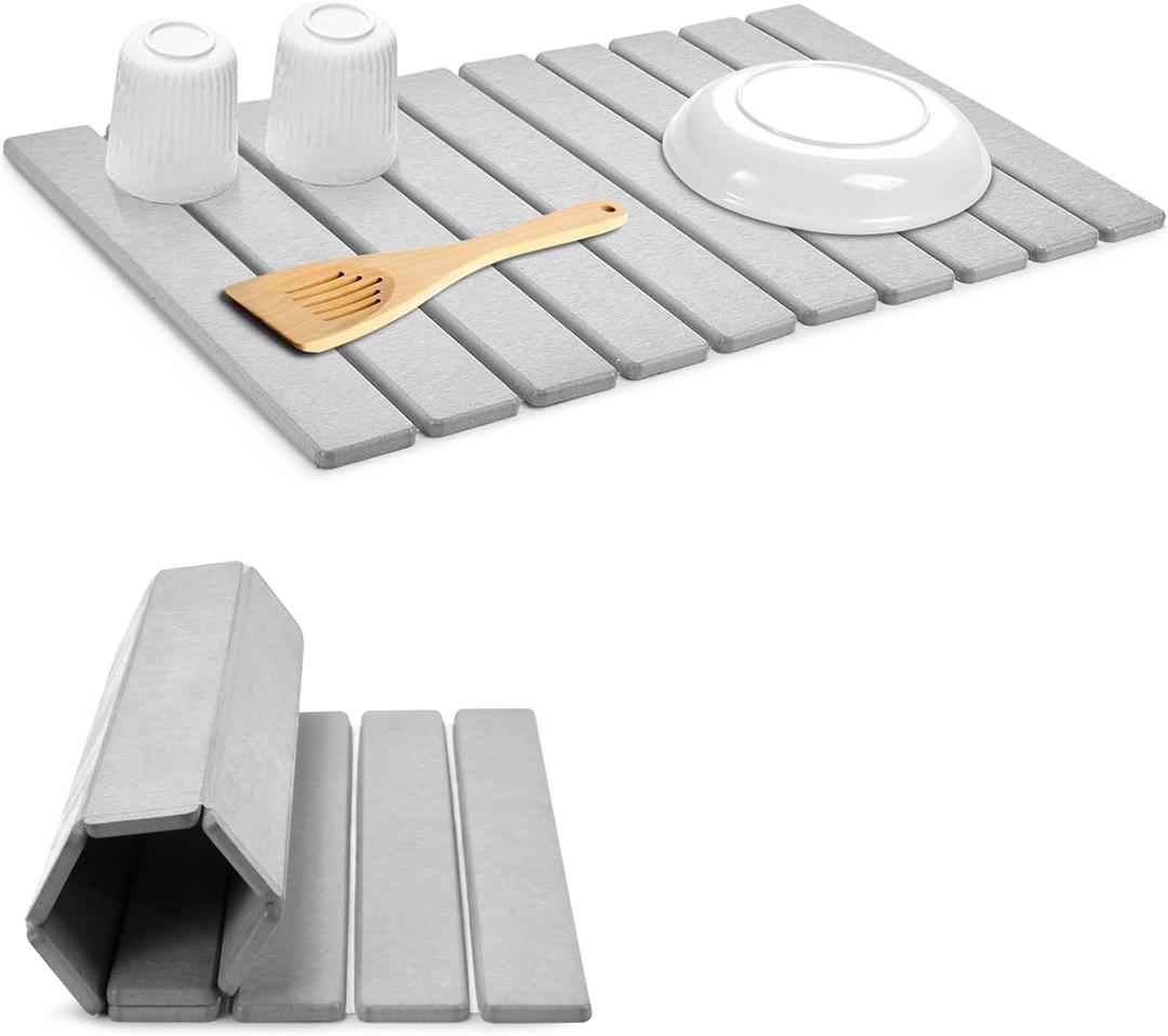 Large Stone Dish Drying Mats for Kitchen Counter, 24"(L)×16"(W) Collapsible Quick Dry Dish Drying Mat, EcoFriendly Absorbent Diatomaceous Earth Mat for Dishes Bottles Cups, Match Any Countertop