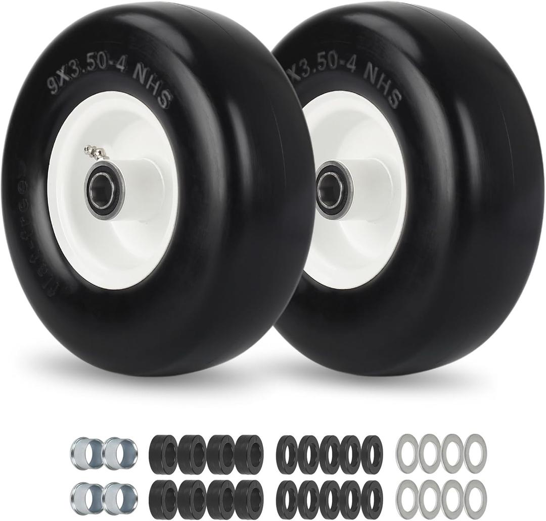9x3.50-4 Flat Free Lawn Mower Tire and Wheel, Smooth Tread Tire for Zero Turn Mowers, Installed 3/4" Bearing with Extra 5/8" Bearing, 3.5"-4"-4.5"-5" Centered Hub, 2 PCS (9x3.50-4 Flat Free (Smooth Tread ))