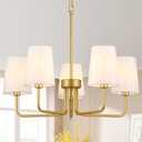 Modern Farmhouse Chandelier, 5-Light Gold Chandelier White Fabric Shade, Height Adjustable Industrial Pendant Light for Kitchen Over Table, 25Dining Room Light Fixture for Living Room