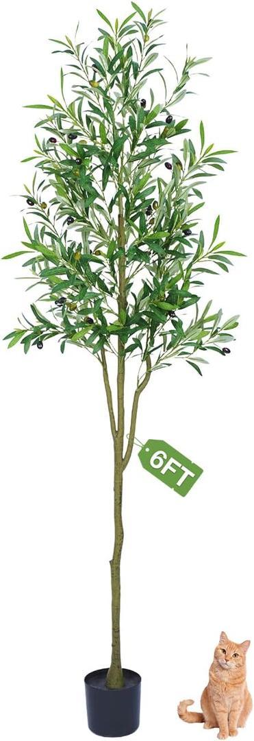 Olive Trees Artificial Indoor, Faux Olive Tree 6FT for Home Office Decor, Artificial Olive Tree Artificial Tree with Realistic Trunk, Branches, Leaves and Fruits, Fake Olive Tree