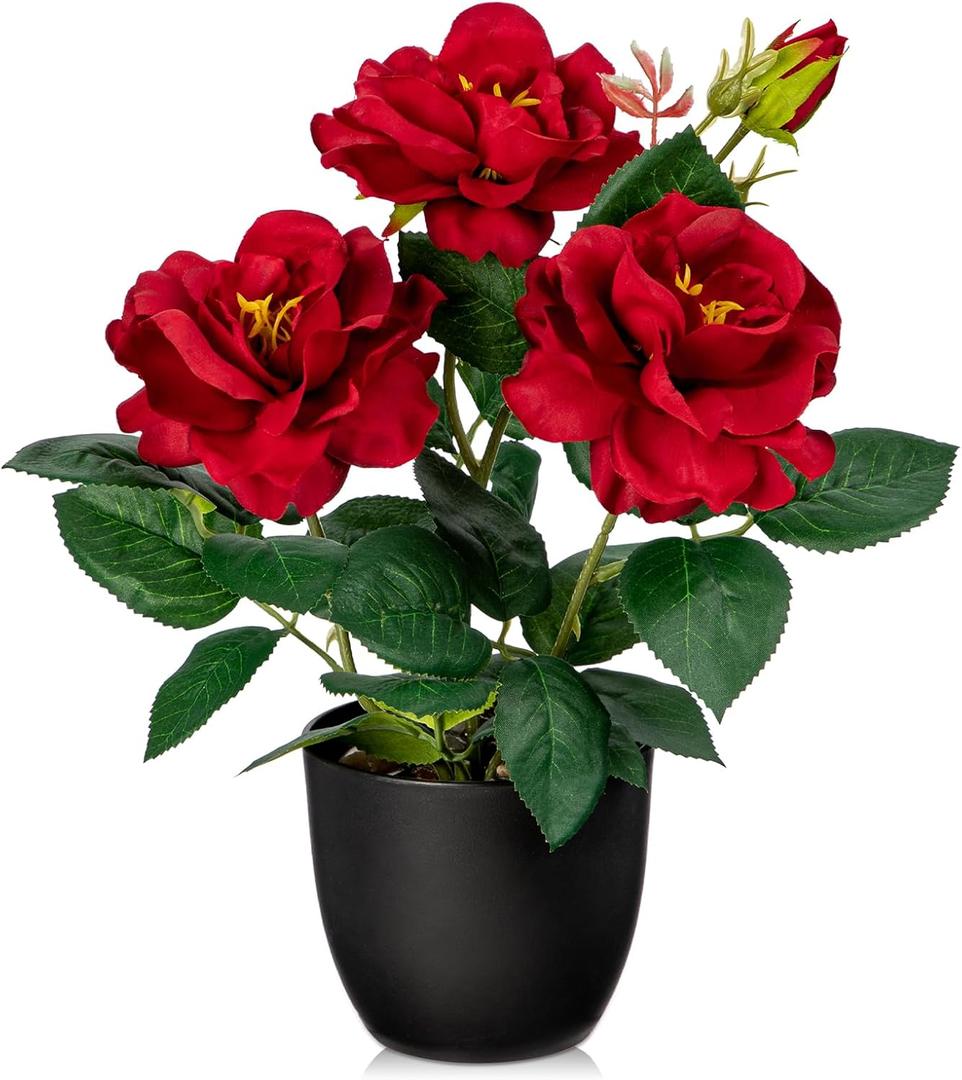 Hollyone Artificial Plants & Flowers with Vase Red Roses Artificial Flowers Small Potted Plant Faux Silk Flower with Black Pot Fake Rose Flower Arrangement Office Shelf Desk Home Decor 11 Inch