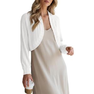 YSYOKOW Women's Shrug Cardigan for Dresses Lightweight Open Front Cropped Bolero Sweater Long Sleeve Knit (White, S)