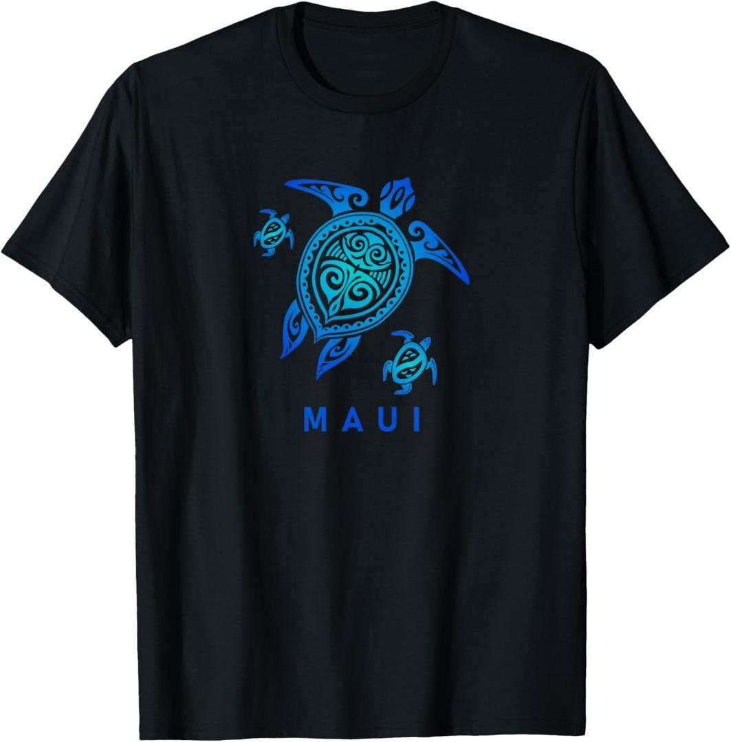 Maui Hawaii T-Shirt Sea Blue Tribal Turtle T-Shirt (Small, Black)
