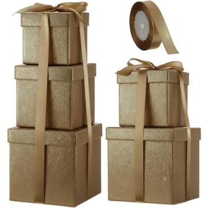 Cholemy 5 Pcs Square Nesting Boxes Decorative Gift Boxes with Lid and Ribbon Assorted Sizes Wrap for Wedding, Thanksgiving, Christmas, Anniversary, Birthday, Bridal Party(Champagne Gold)