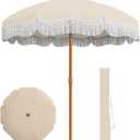 AreShark 7ft Patio Umbrella with Fringe, UPF50+ Beach Umbrella for Table, Pool & Garden, Portable Outdoor Tassels Umbrella w/Fiberglass Ribs&Push Bottom Tilt(Ivory)