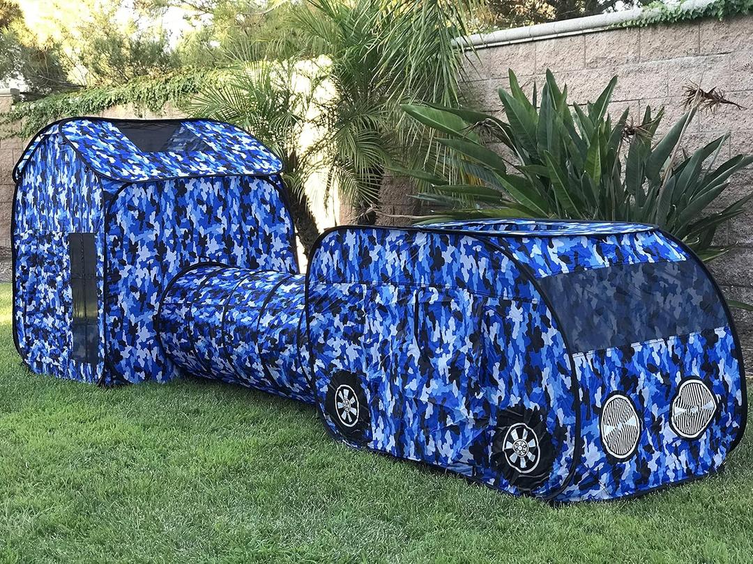 Explore and Play 3-in-1 Foldable Pop Up Tent Set  Indoor/Outdoor Vehicle, Tunnel & Tent Combo. Includes Carry/Storage Bag. (Blue, Black, White Camo)