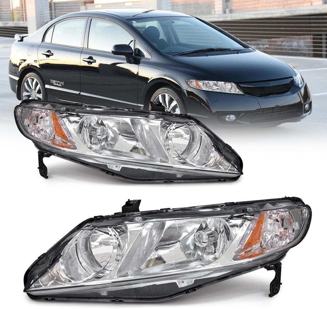 Headlights Assembly Compatible with 2006-2011 Honda Civic Sedan 4dr - Chrome Housing, Amber Reflector - Headlamp Replacement for Civic 2006-2011 - Driver and Passenger Side Included