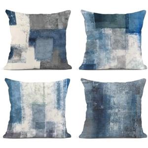 Emvency Set of 4 Throw Pillow Covers Blue and Grey White Art Artwork Contemporary Decorative Gray Cushion Sofa Bedroom Car Decor Pillow Cases Home Decorative Square 18x18 Inches Pillowcases