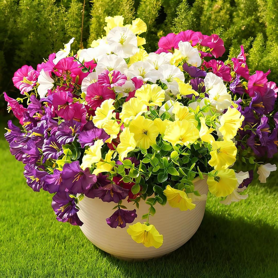Fanfantoey Artificial Flowers for Outdoor, UV Resistant Fake Plants Outside Decoration, 14 Pcs Realistic Silk Morning Glory Faux Flowers for Porch Patio Gardens Home Decor(14, 4 Mixed) (4 Mixed(4 Fuchsia, 4 White, 4 Yellow, 2 Purple))