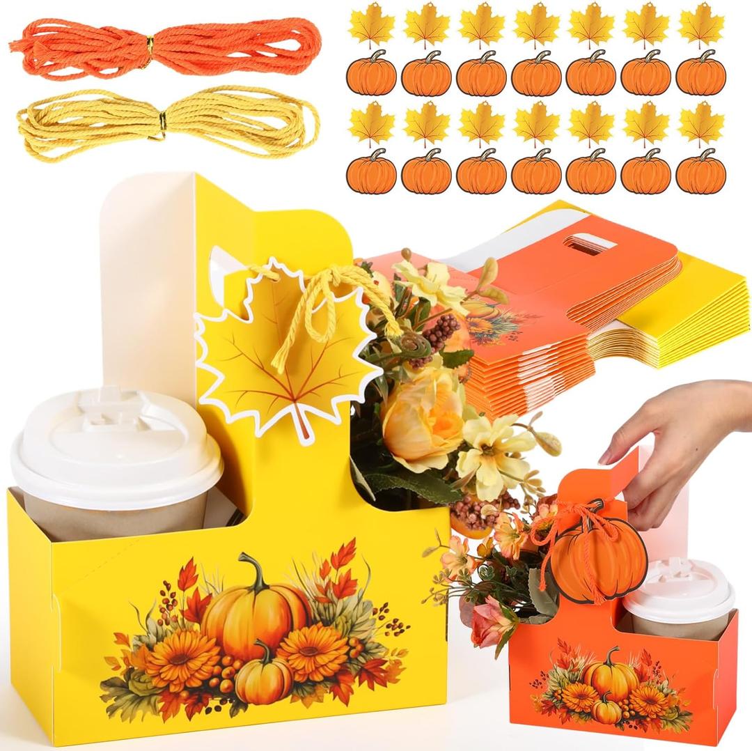 TaoBary 30 Set Thanksgiving 2 Cup Drink Carrier with Handle Portable Foldable Tray Drink Holder Yellow Orange Thanksgiving Disposable Cardboard Coffee Cup Holder with Pumpkin Maple Leaf Tag Fall Gifts
