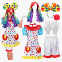 6 Pcs Clown Costume Set Women Circus Dress Rainbow Clown Wig Headband Nose Shorts Gloves for Halloween cosplay, Size L