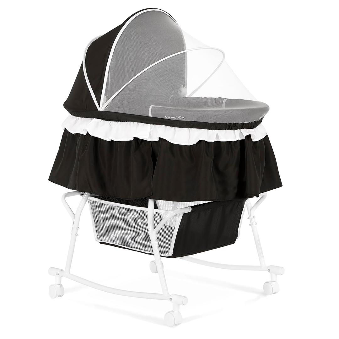 Dream On Me Lacy Portable 2-in-1 Bassinet & Cradle with Full Canopy, Storage Basket, Locking Wheels, Lightweight Frame, JPMA & BSA Certified, Includes 1 Mattress Pad - Black
