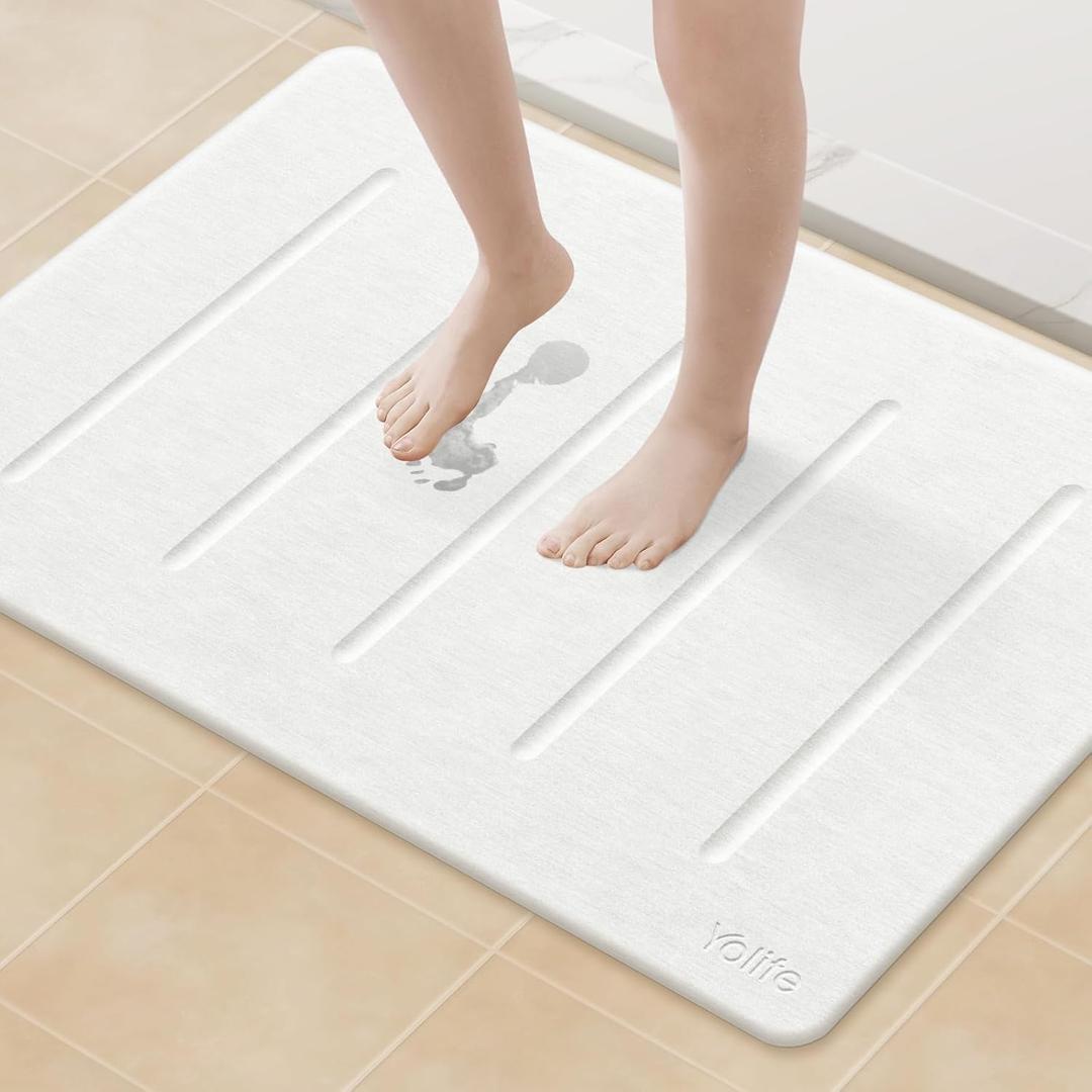 Yolife Stone Bath Mat Large, 32" x 20" Diatomaceous Earth Bath Mat for Bathroom, Super Absorbent Quick Drying Bathroom Stone Mat, Non-Slip Diatomite Shower Mat, Easy to Clean (White Grey)