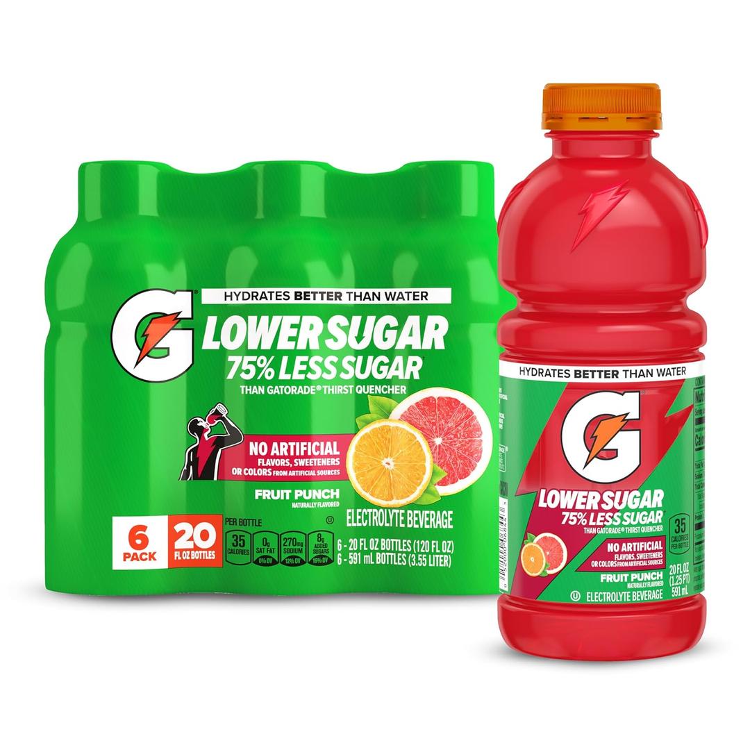 Gatorade Lower Sugar Sports Drink, Fruit Punch, 20 fl oz Bottles, (6 Pack) (EXP 11/03/26)