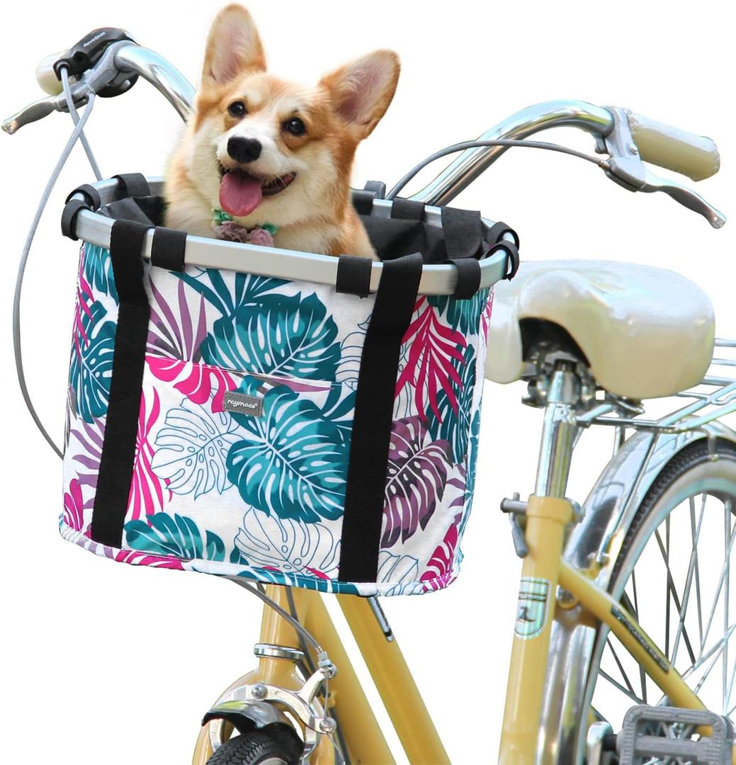 RAYMACE Bicycle Basket Dog Bike Handlebar Basket Front, Folding Detachable Quick Release Easy Install, Cycling Picnic Bag (Pink Palm Leaf)