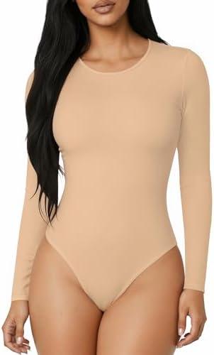 MANGOPOP Round Neck Long Sleeve Short Sleeve Bodysuits for Women Basic Body Suit Shirts Tops S