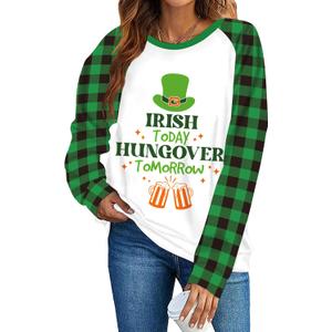 TMSD Women Saint Patrick's Day Sweatshirt Long Sleeve Irish Shamrock Crew Neck Shirt Green Plaid, XL