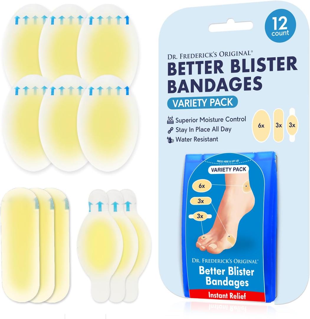 Dr. Frederick's Original Hydrocolloid Blister Bandages - 12 ct - Waterproof Heel Toe Pads - 40% More Cushioning - Blister Prevention & Treatment - Variety Pack Includes Heel, Toe, Spot Bandages