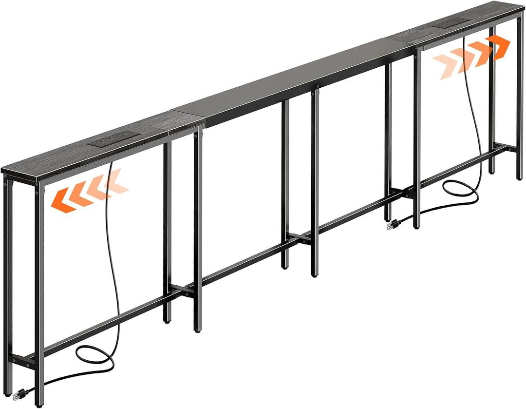 Huuger Narrow Sofa Table with 2 Power Outlets, 110.2-157.5 Inch Adjustable Length, Behind the Couch Table with USB-C Port, Long Entryway Console Table, Anti-tip Kit, for Living Room, Grey, 110.2-157.5W x 29.5H