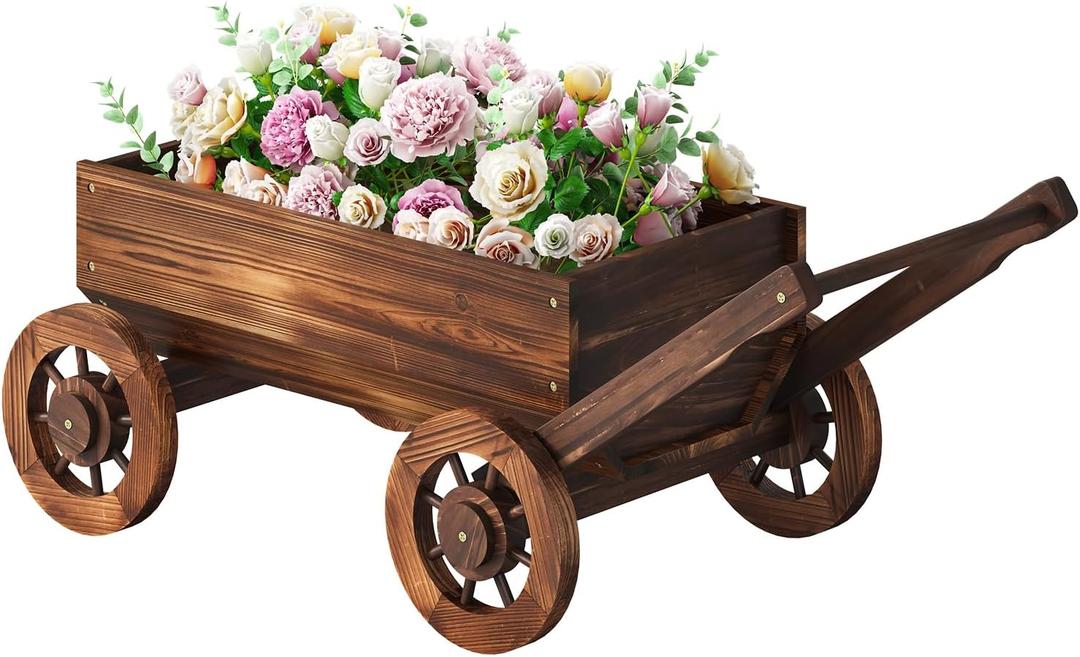 Wooden Wagon Garden Planter Cart with Wheels Rustic Flower Pot Indoor Outdoor Patio Backyard Balcony Decor for Succulents, Flowers and PlantsCarbonized-L, Large-Carbonized