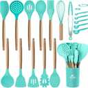MIBOTE Silicone Cooking Kitchen Utensils Set with Holder, Wooden Handles Cooking Tool BPA Free Turner Tongs Spatula Spoon Kitchen Gadgets Set for Nonstick Cookware (Teal) 
