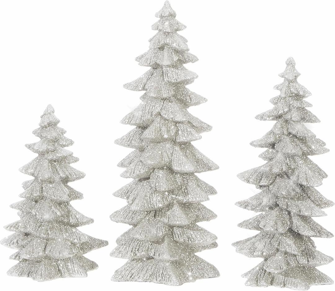 Set of 3 Silver Glittered Christmas Trees, Sculpted Woodland Trees, 6.25 Inches to 9.5 Inches High